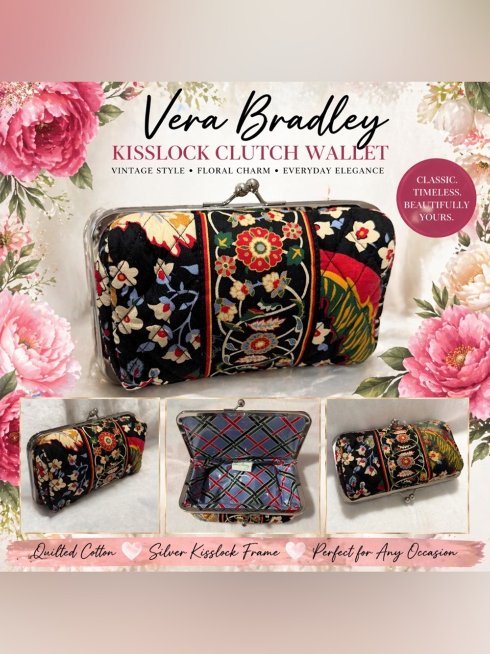 Vera Bradley Black Floral Kisslock Clutch Wallet with Multicolor Embroidery